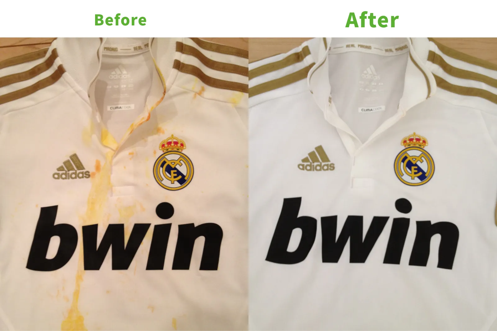 Before汚れている洋服、Afterゴールソープで綺麗になった洋服